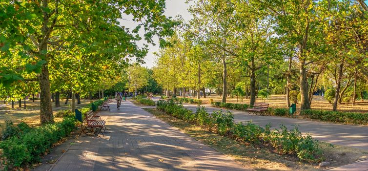 Chernomorsk, Ukraine 08.22.2020. Seaside Yuonost park and boulevard in Chernomorsk city on a sunny summer morning