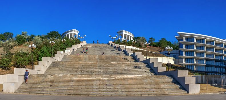 Chernomorsk, Ukraine 08.22.2020. Maritime Stairs from seaside park to the public beach in Chernomorsk city on a sunny summer morning