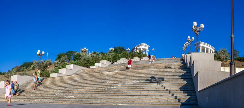 Chernomorsk, Ukraine 08.22.2020. Maritime Stairs from seaside park to the public beach in Chernomorsk city on a sunny summer morning