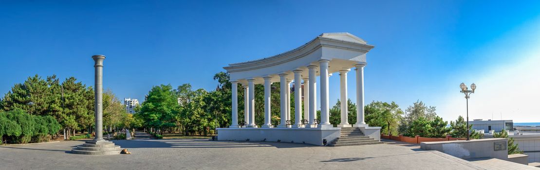 Chernomorsk, Ukraine 08.22.2020. Colonnade in Chernomorsk city on a sunny summer morning