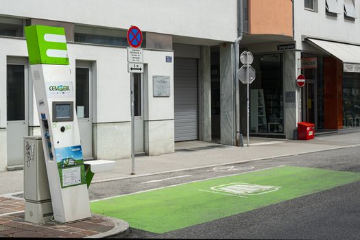 Klagenfurt, Austria. August 16, 2020. An electric vehicle charging station in a street in the city center.