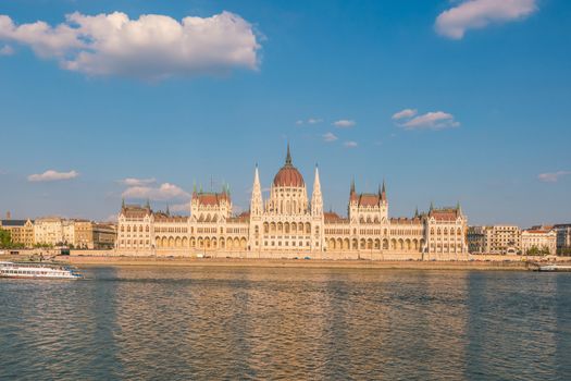Parliament building over delta of Danube river in Budapest, Hungary 