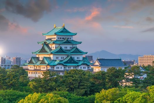 Nagoya castle and city skyline in Japan at beautiful sunset