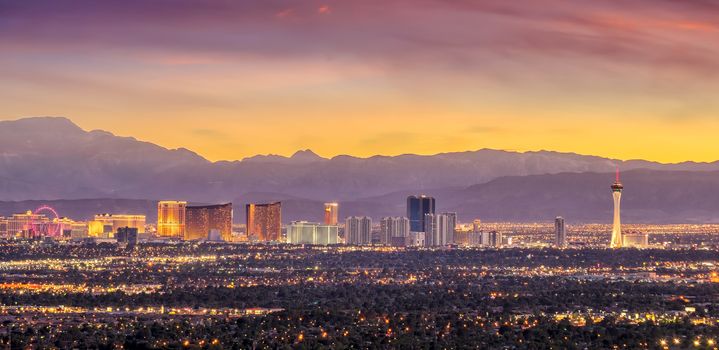 Panorama cityscape view of Las Vegas at sunset in Nevada, United States of America