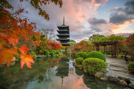 Wooden pagoda of Toji (Kyoo-Gokoku-ji) Temple with autumn color in Kyoto, Japan
