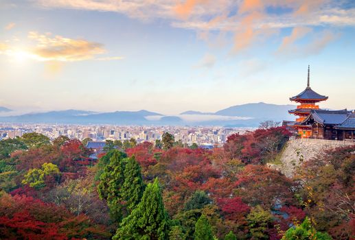 Autumn Color of Kyoto skyline and Kiyomizu-dera Temple in Kyoto, Japan
