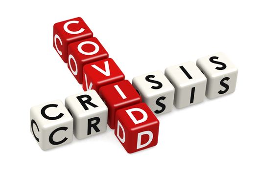 Covid crisis cube crossword on white background, 3D rendering
