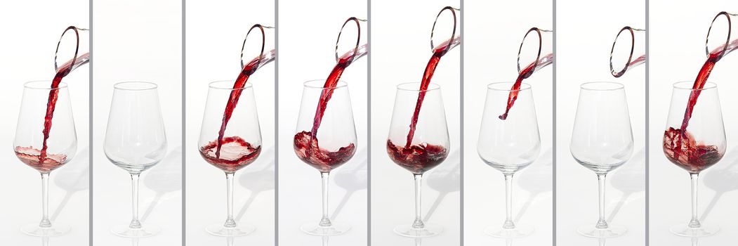 Sommelier pours red wine from decanter to wineglass on white background. panoramic shoot or banner, collage