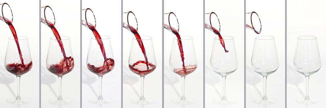 Sommelier pours red wine from decanter to wineglass on white background. panoramic shoot or banner, collage