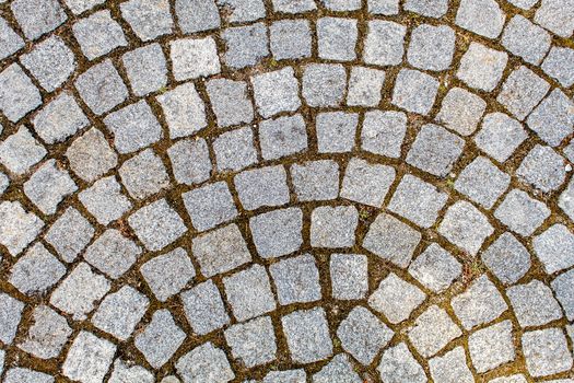 pavement of granite stone.old cobblestone road pavement texture, grass between stones. absrtact background. outdoor closeup