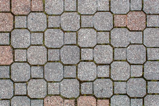 road paved with sidewalk tiles. beautiful brick background with, masonry texture of light brown and gray bricks. outdoor closeup