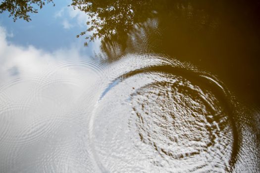 Reflection of a blue sky and trees on serene water is disturbed by a large splash and concentric ripples.