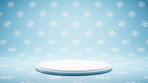 Empty White Platform on Blue Snow Pattern Studio Background 3D Render Illustration