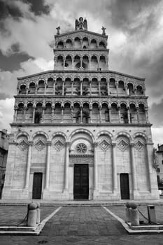 Beautiful historic architecture of San Michele in Foro in Lucca Italy on a cool winter's evening