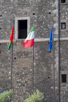 terni,italy september 02 2020:flags in front of the town of terni