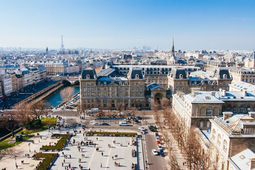 View from Notre Dame cathedral overlooking the Paris skyline in France