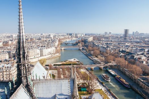 View from Notre Dame cathedral overlooking the Paris skyline in France