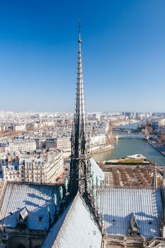 View from Notre Dame cathedral overlooking the Paris skyline in France