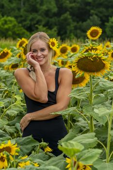 A gorgeous blonde model poses outdoors in a field of sunflowers while enjoying a summers day