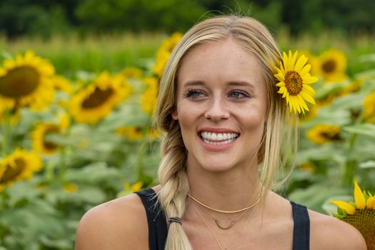 A gorgeous blonde model poses outdoors in a field of sunflowers while enjoying a summers day