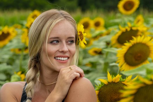 A gorgeous blonde model poses outdoors in a field of sunflowers while enjoying a summers day
