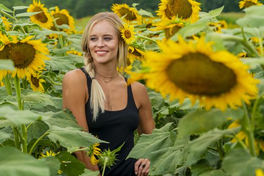 A gorgeous blonde model poses outdoors in a field of sunflowers while enjoying a summers day