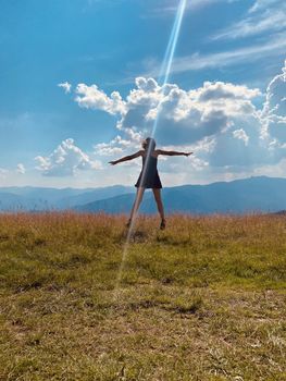 woman, jump, sky, happy, freedom, young, summer, people, grass, blue, jumping, nature, fun, field, joy, happiness, active, beautiful, green, beauty, person, lifestyle, energy, spring, outdoor