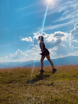 woman, jump, sky, happy, freedom, young, summer, people, grass, blue, jumping, nature, fun, field, joy, happiness, active, beautiful, green, beauty, person, lifestyle, energy, spring, outdoor