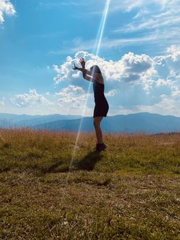 woman, jump, sky, happy, freedom, young, summer, people, grass, blue, jumping, nature, fun, field, joy, happiness, active, beautiful, green, beauty, person, lifestyle, energy, spring, outdoor