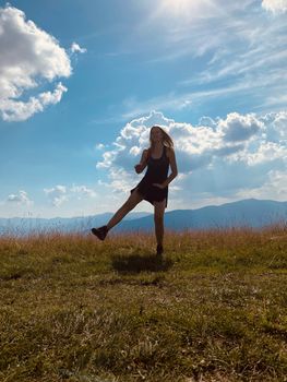 woman, jump, sky, happy, freedom, young, summer, people, grass, blue, jumping, nature, fun, field, joy, happiness, active, beautiful, green, beauty, person, lifestyle, energy, spring, outdoor