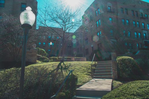 A Luxurious Brick Apartment Building With a Light Post, a Sidewalk, and Various Plants