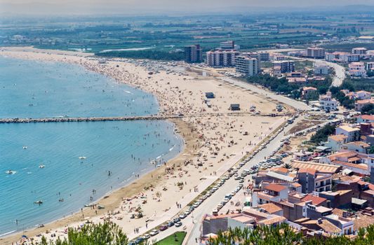 Film scan of 1972 panorama of the Spanish resort of L'Estartit on the Costa Brava. The village was very popular with British tourists