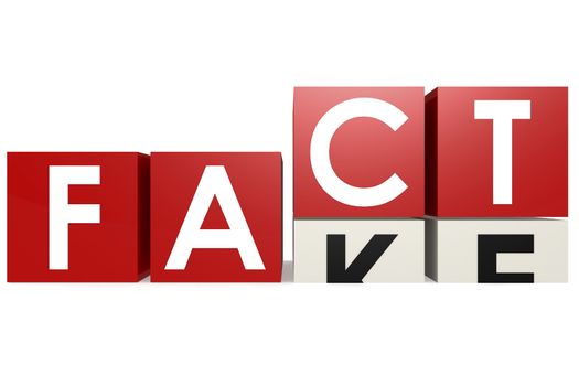 Cubes with letters change from fake to fact, 3D rendering
