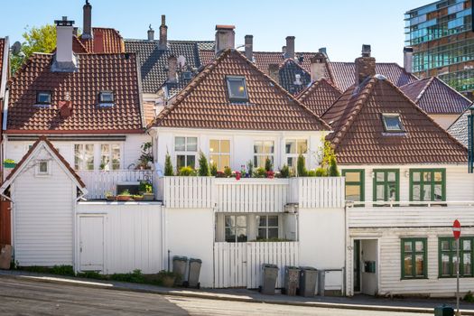 Bergen, Norway, May 2015: Typical white wooden houses in the city of Bergen, Norway, residential district.