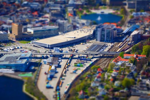 Bergen, Norway, May 2015: Tilt-shift miniature like image of Bergen, Norway, train station and logistics hub area