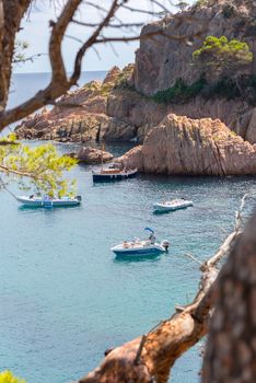 Sant Feliu de Guixols, Spain : 02 Sept 2020: Boats Village of Sant Feliu de Guixols at Costa Brava in Catalonia,Mediterranean Sea,Spain