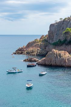 Sant Feliu de Guixols, Spain : 02 Sept 2020: Boats Village of Sant Feliu de Guixols at Costa Brava in Catalonia,Mediterranean Sea,Spain