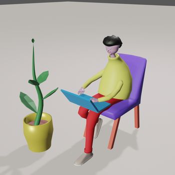 A cute man in plasticine style sits at a laptop on an armchair. 3d render illustration