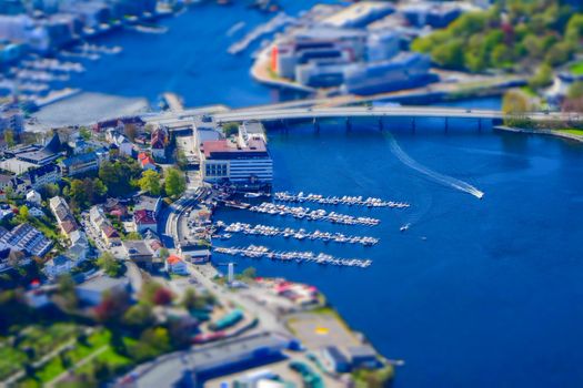 Tilt-shift creative image of marine Yacht harbor in Bergen, Norway. Miniature effect.