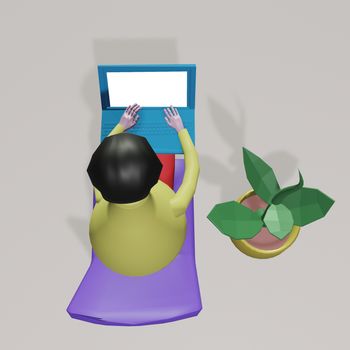 A cute man in plasticine style sits at a laptop on an armchair. 3d render illustration