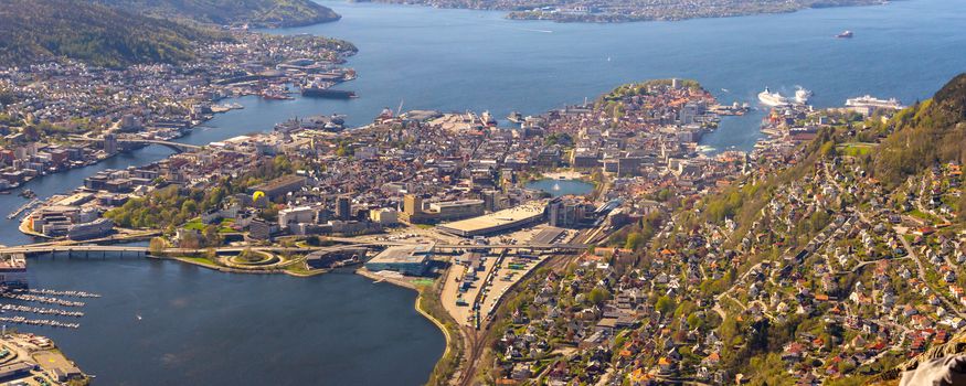 Aerial and high angle view over the city of Bergen, Norway, with districts and surrounding water. Cityscape and skyline.