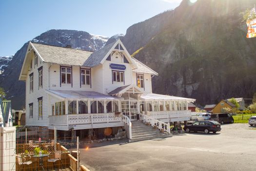 Eidfjord, Norway, May 2015: Eidfjord Gjestgiveri guest house and hotel on the Eidfjordvatnet