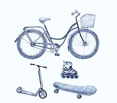 Set of sport transport objects: bicycle, scooter, roller and skateboard. Sketch on light background. Hand-drawn illustration