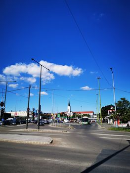 Junction in downtown Miskolc with the view of the Wheat Square Church High quality photo