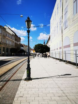 Downtown Miskolc street view with tram rail High quality photo