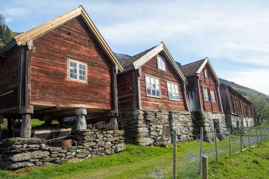 Otternes, Norway, May 2015: view on the historical row houses of small village of Otternes near Flam, Aurland, Norway