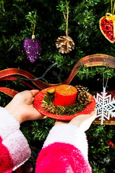 Hands holding decorated Christmas candle in front of the Christmas tree.