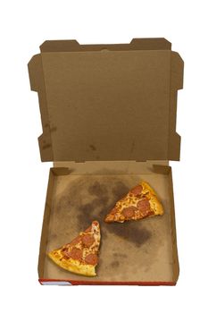 Vertical overhead shot of some slices of leftover pizza in a delivery box isolated on white background.