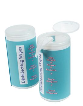 Vertical shot of a pair of two containers with fictional labels saying 'Disinfectant Wipes'. Isolated on a white background.