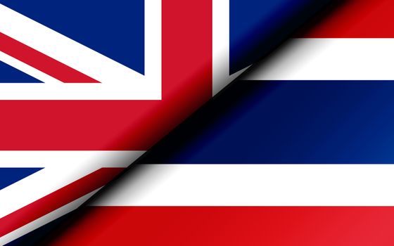 Flags of the United Kingdom and Thailand divided diagonally. 3D rendering